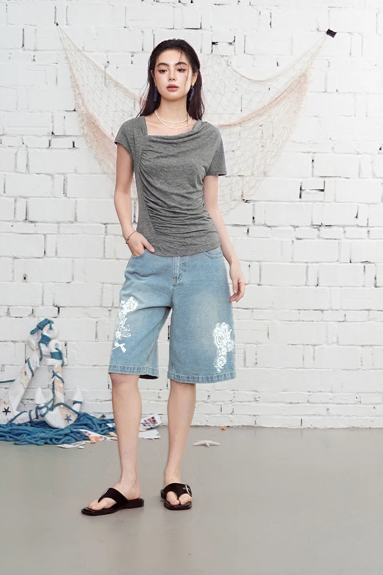 Cowl Neck Ruched Fitted T-Shirt, Draped Front Short Sleeve Top