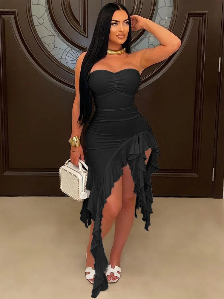 Sexy Ruffles Dress Women Summer Starpless Irregular Patchwork Iregular Tassel Hem Holidays Stretch Peach Hip Bodycon