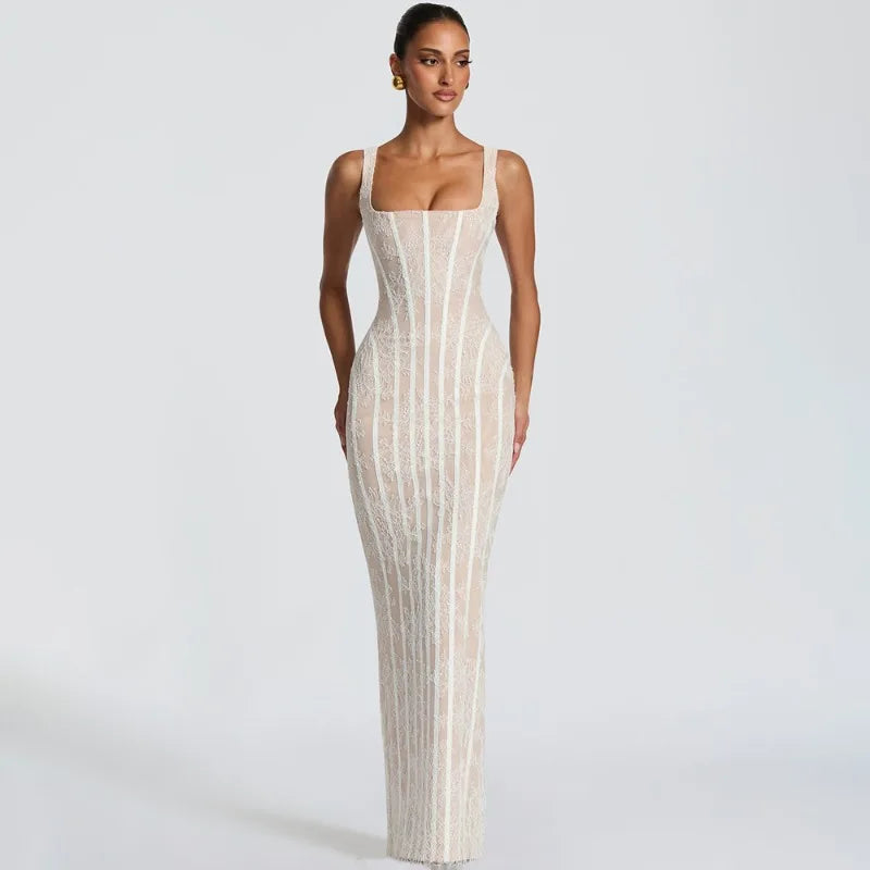 Floral Lace White Square Neck Sleeveless Maxi Dress Evening Party Dresses Woman Elegant Luxury