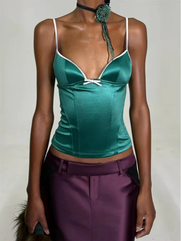 Shape Waist Bow Decoration Camisole Tops Woman Summer Line Patchwork Low-Neck Backless High Street Sexy Fashion Tank Tops