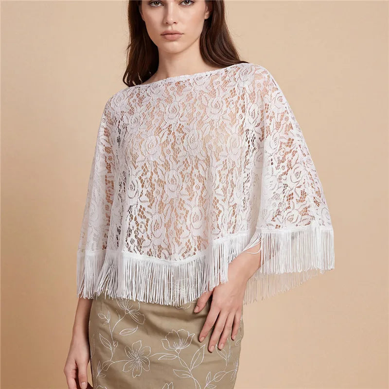 Women Beach Lace Fringe Poncho Cover Up Sheer Floral Tassel Shawl Boho Loose Batwing Sleeve Top Vacation Party Outerwear