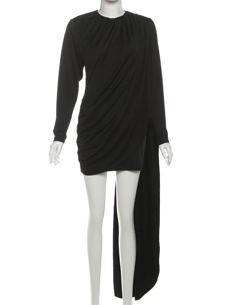 Elegant Ribbon Dress Women Irregular Shoulder Padded Full Sleeve Ruched Sexy Solid Stretch Skinny Peach Hip Bodycon