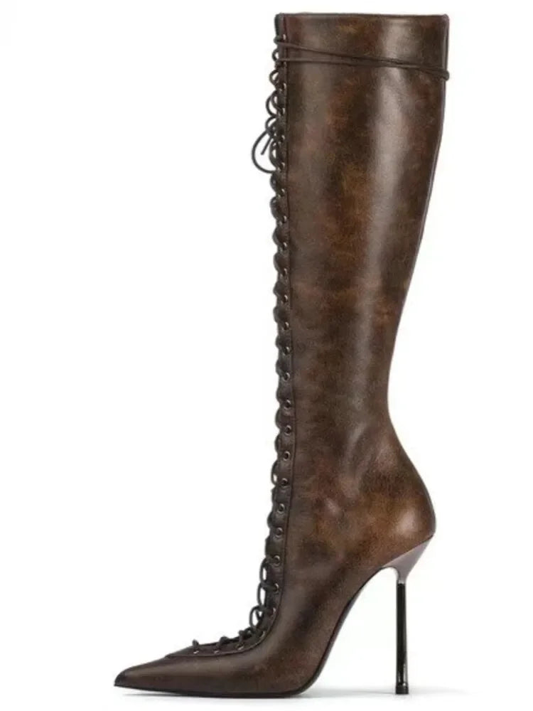 2026Spring/Summer New Lace Up Short Cool Boots Side Zipper Banquet Slimming High Heels Sexy Knee Length Women's Boots