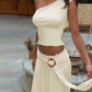 Sexy Two Piece Set Smocked One Shoulder Crop Top and Long Skirts Elegant Woman Vacation Outfits