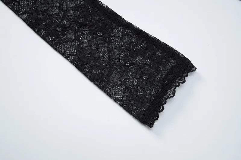 Black Lace Long Sleeve Draped Mini Dress Sexy 2 Piece Set Party Dresses for Woman Club Outfits