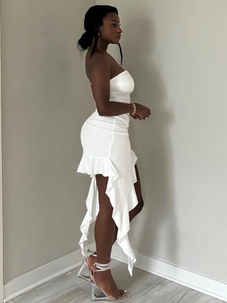 Sexy Ruffles Dress Women Summer Starpless Irregular Patchwork Iregular Tassel Hem Holidays Stretch Peach Hip Bodycon