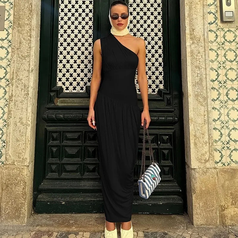 One Shoulder Pleated Long Dresses Asymmetrical Elegant Summer Dress Woman 2025 Resort Wear