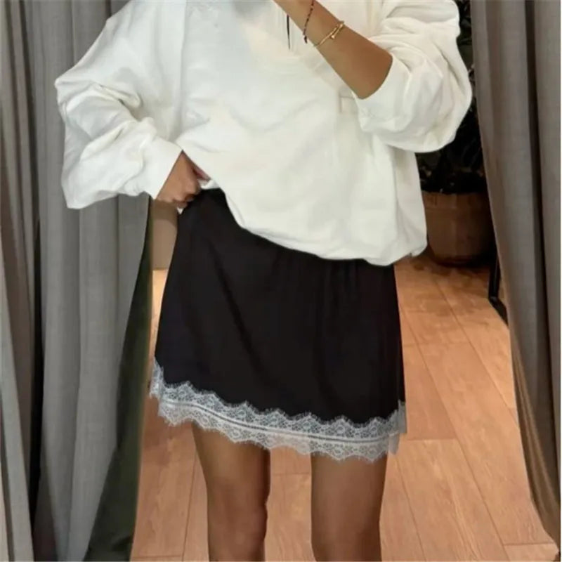 Summer French Women Satin Pajama Skirts Bottoms Lace Trim Silk Lounge Skirts High Elastic Waist Y2K Vintage Streetwear