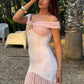 Off-shoulder Backless Sexy Maxi Dress Women Metal Flower Pink Patchwork Sleeveless Ruched Pleated Club Party Dress 2025