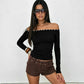 Button Off Shoulder Long Sleeve Tops Fall 2026 Fashion Solid Color Fitted T Shirts Woman Clothing
