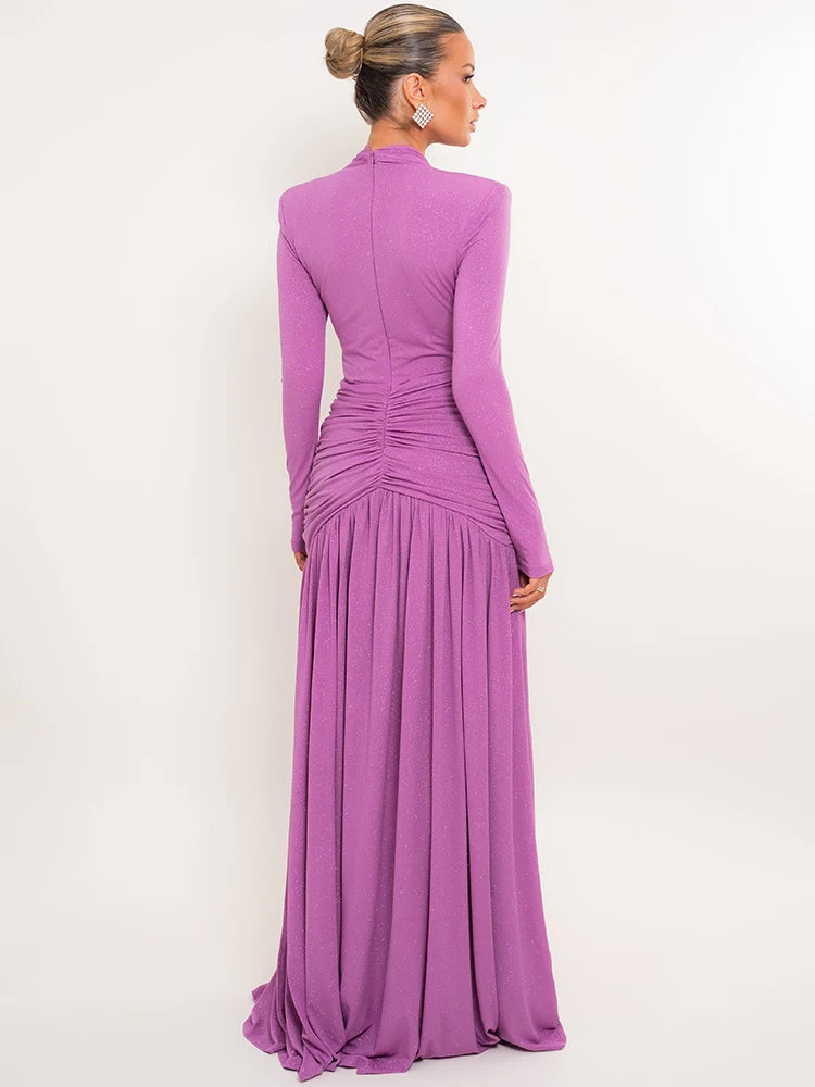 Women Glitter Maxi Evening Dress Deep V Neck Long Sleeve Ruched High Slit Formal Party Dress For Wedding Guest Prom