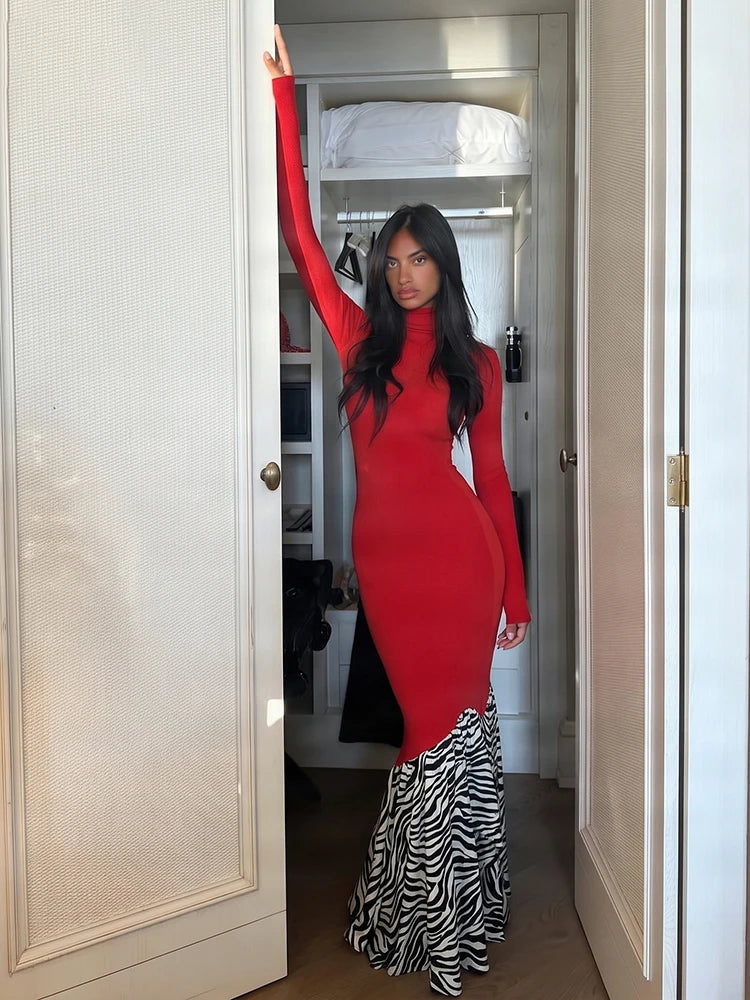 Leopard Patchwork Long Dress Woman Autumn Trend o-Neck Full Sleeve High Waist Skinny Peach Hip Elegant Style Vestidos