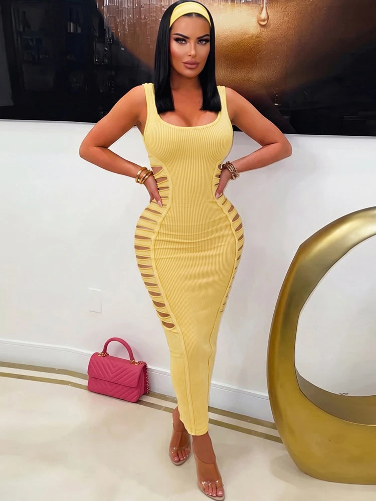 Fashion Hollow Dress Women Trend Elegant Patchwork Backless Sleeveless Stretch Sexy Evening Party Club Long Bodycon