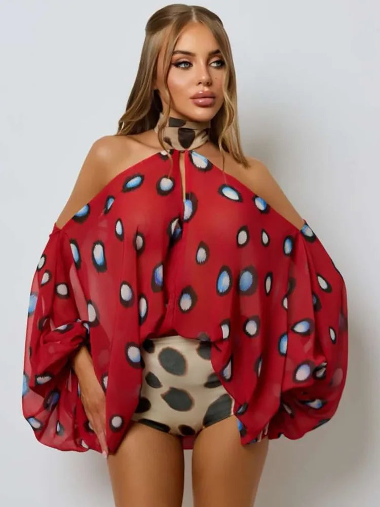 Women Halter Off Shoulder Sexy Bodysuit 2 Piece Outfit Leopard Print Sheer Blouse Shorts Set Clubwear Matching Sets
