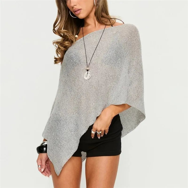 Women's Knit Vacation Beach Cover-Ups Summer Casual Loose Fit Stylish Solid Color Irregular Hem Boat Neck Shawl Tops