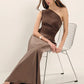 Satin Inclined Shoulder Sexy Maxi Dress Women Fashion Patchwork Sleeveless Backless Bodycon Evening Club Party Dress
