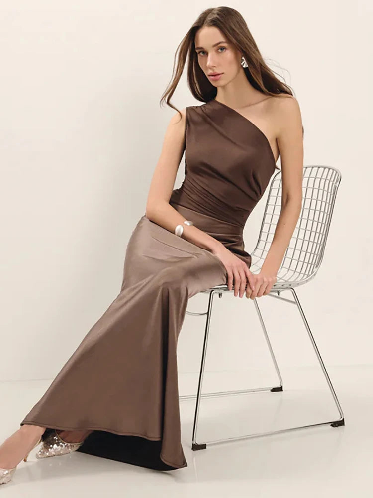 Satin Inclined Shoulder Sexy Maxi Dress Women Fashion Patchwork Sleeveless Backless Bodycon Evening Club Party Dress