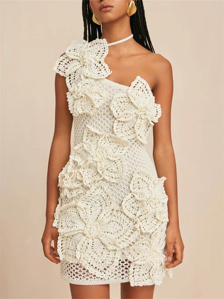 Elegant Crochet Dress Women Summer Halterneck Diagonal Collar Backless Lace-Up Flower Embroidery Sexy Trend Bodycon