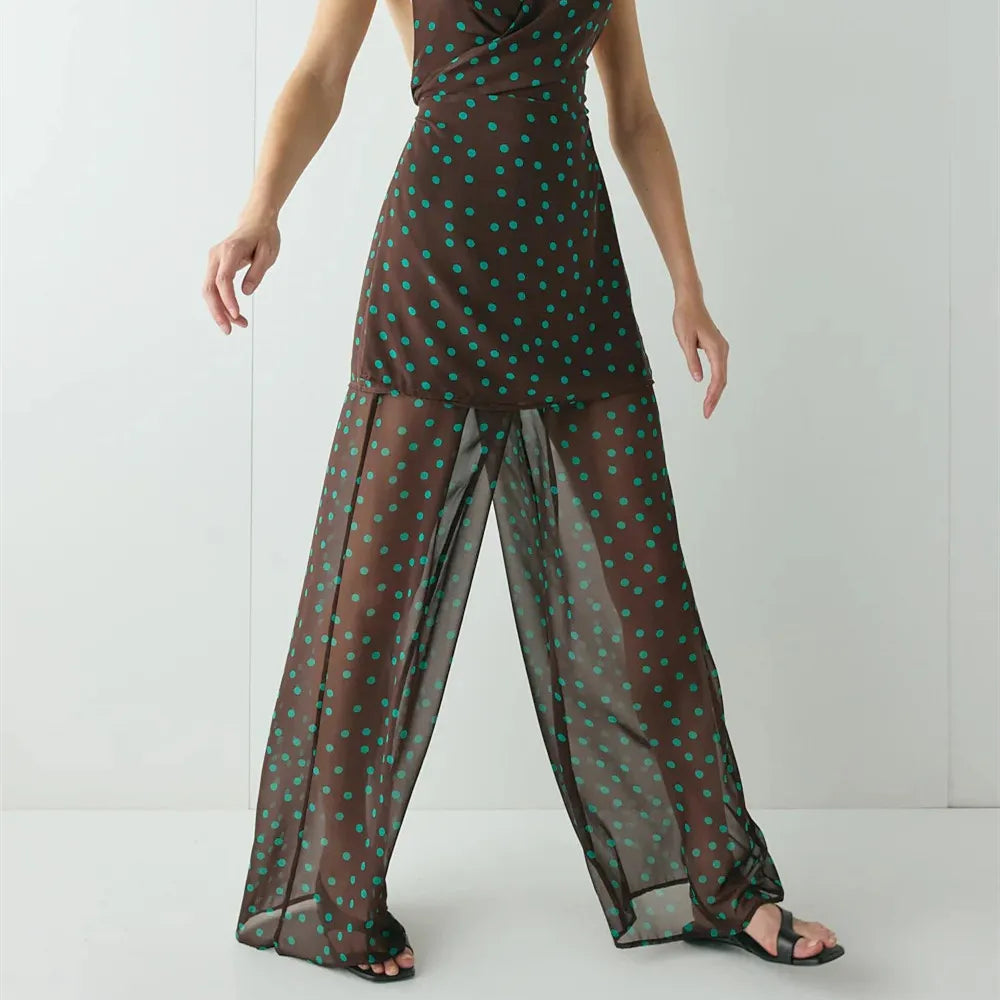 Women See Through Mesh Pants Y2K Dot Print Elastic Waist Wide Leg Loose Fit Trousers Bikini Cover up Sheer Beach Bottoms