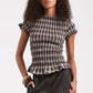 Women Gingham Plaid Smocked Blouse Short Sleeve Ruffle Trim Crew Neck Slim Fit Top Cottage Y2K Casual Summer Streetwear