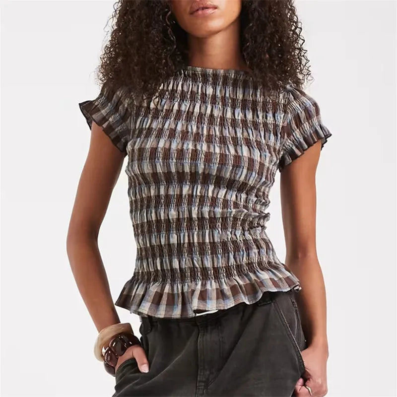 Women Gingham Plaid Smocked Blouse Short Sleeve Ruffle Trim Crew Neck Slim Fit Top Cottage Y2K Casual Summer Streetwear