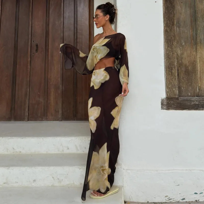 Yellow Floral Dress Suit Elegant Sheer 2 Pieces Set for Woman One Shoulder Top Maxi Skirt Vacation Outfit