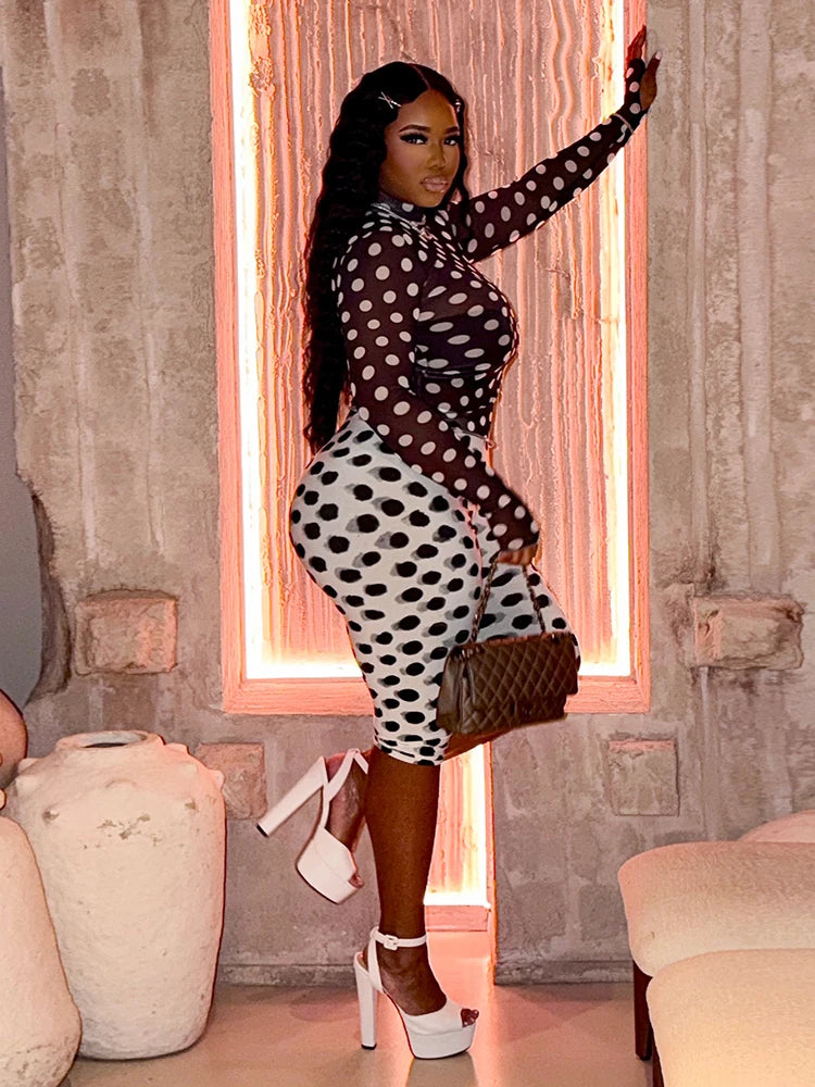 Polka Dot Print 2-Piece Set Women Turtleneck See Through Full Sleeve Crop Tops+Simple Color Blocking Short Streetwear