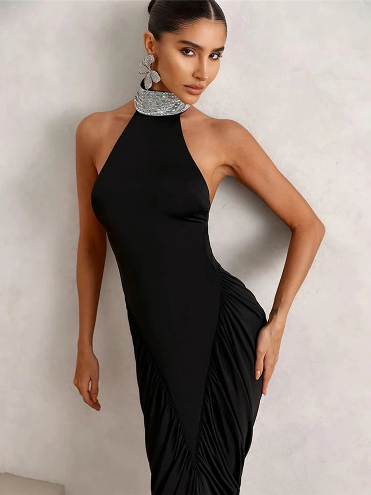 Button Stripe Turtleneck Maxi Dress Women Backless Folds High Split Sleeveless Elegant Fashion Banquet Chic Vestidos