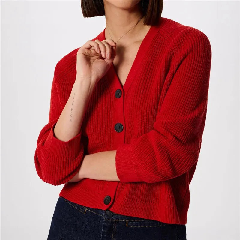 Women V Neck Ribbed Knit Cardigan Button Down Long Sleeve Cropped Sweater Loose Basic Knitwear Fall Winter Jumpers