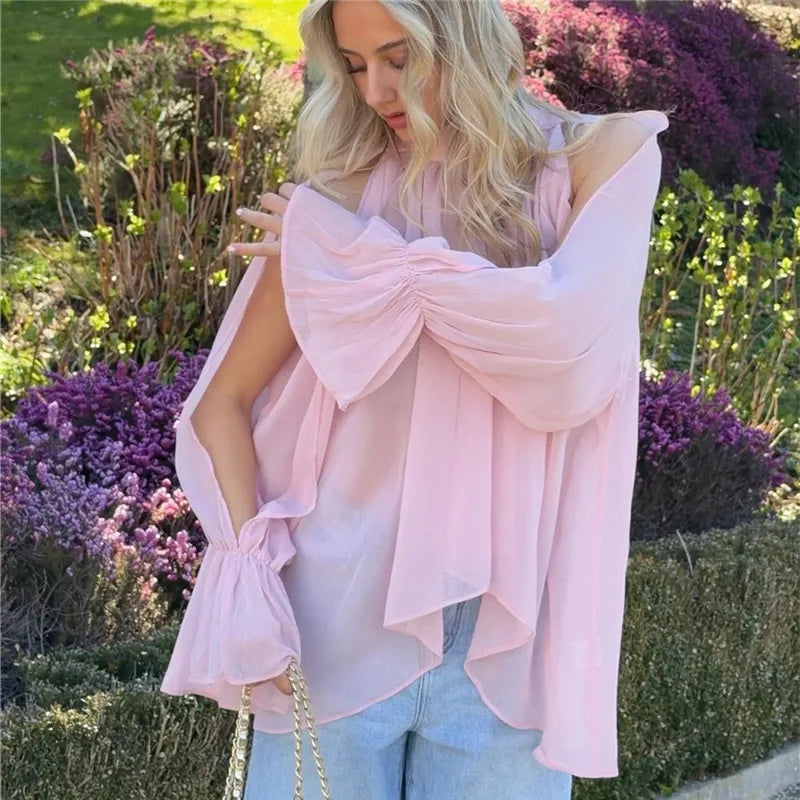 Minimalist Solid Cold Shoulder Chiffon Blouse Mock Neck Back Tie Split Flare Sleeve Loose Irregular Hem Daily Shirt