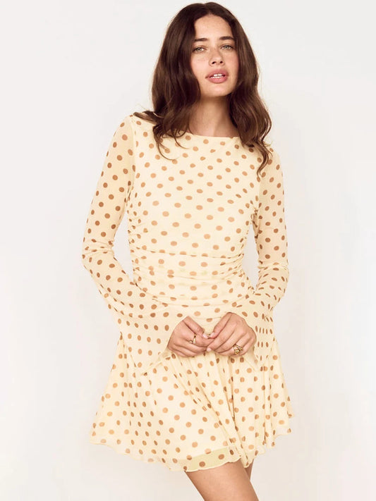 Women Polka Dot Mini Dress Long Flare Sleeve Round Neck Mesh Ruched Waist Pleated A‑Line Short Party Casual Dresses