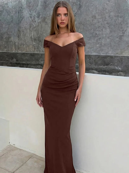V Neck Short Sleeve Sexy Maxi Dress Women Elegant Off-shoulder Backless Back Split Bodycon Club Party Long Dress