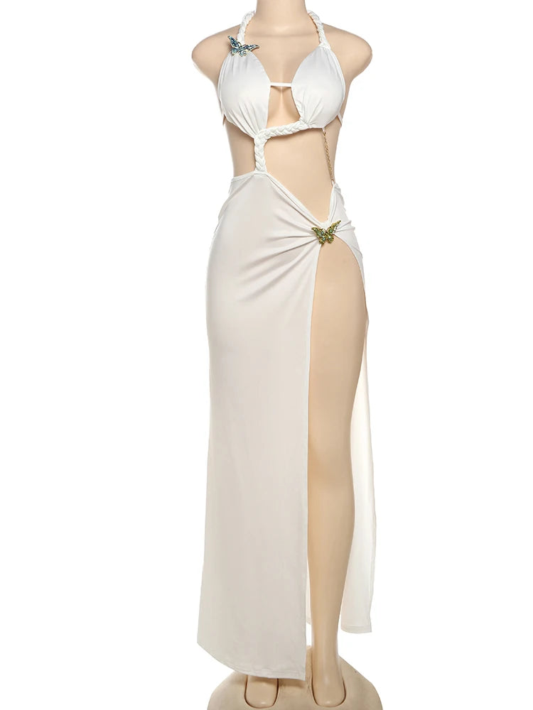 Hollow Split Women Dress Summer Trend Sexy Y2K Metal Butterflies Sleeveless Backless Bandage Whip Split Maxi Bodycon