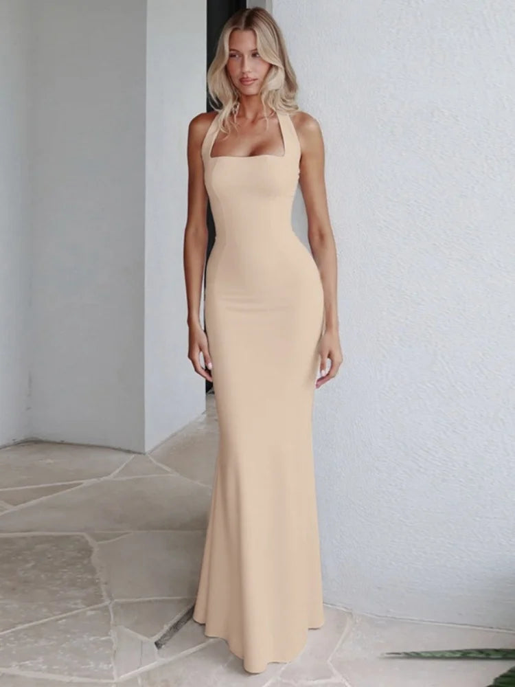 Square Neck Backless Fishtail Maxi Dress Elegant Black Evening Dresses for Woman for Party Wedding Guest