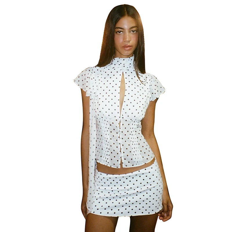 Polka Dot Print 3-Piece Set Women Scarf+Single-Breasted t-Shirt+Classic Skirt Summer Sexy Fashion Daily Streetwear