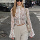 Women Y2K Sheer Lace Crop Top High Neck Floral Pattern Long Sleeve Flare Sleeve Zip Up See Through Casual Party Blouse