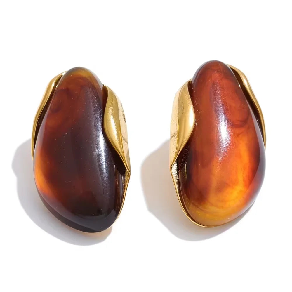 New Design Brown Green Beige Resin Geometric Adjustable Ring Golden PVD Stainless Steel Rust Proof Finger Jewelry Gift