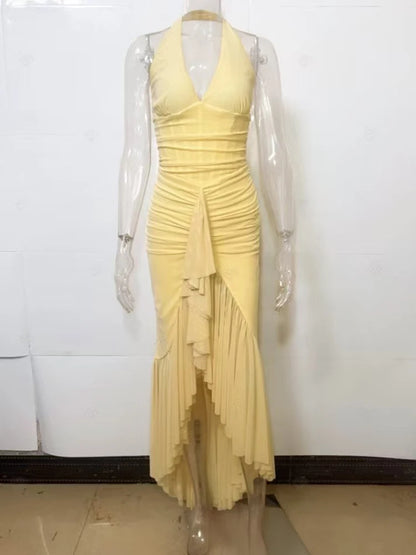 Mesh Deep V Neck Backless Sexy Maxi Dress Women Elegant Halter Off-shoulder Sleeveless Ruffled Club Party Long Dress