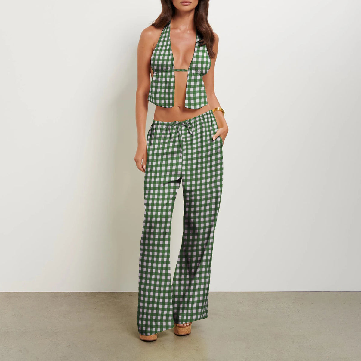 Women Summer Pants Outfits Stripe Tie-Up Halter Neck Backless Sleeveless Tank Tops Wide-Leg Pants 2 Pieces Clothes Set