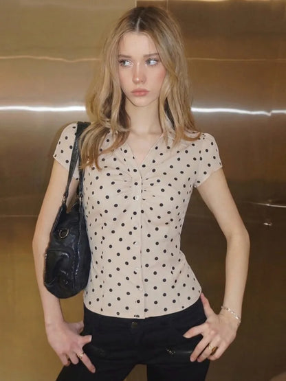 Polka Dot Short Sleeve Sexy Tops Women Cardigan Elegant Turn-down Collar Single-breasted Ruched Lace-up Club Party Top