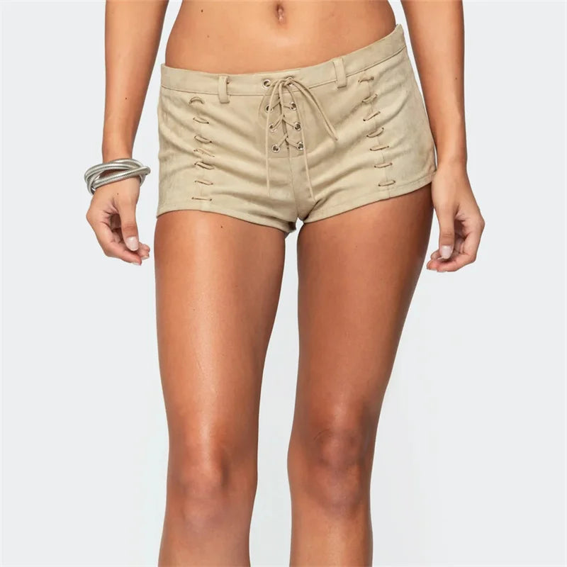 Y2K Faux Suede Lace Up Mini Shorts for Women Low Rise Drawstring Waist Side Lace Up Hot Pants Casual Summer Rave Party