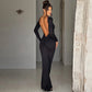 Sexy Black Open Back Holiday Party Dress Women Elegant Long Sleeve Bodycon Maxi Dresses Evening Gown