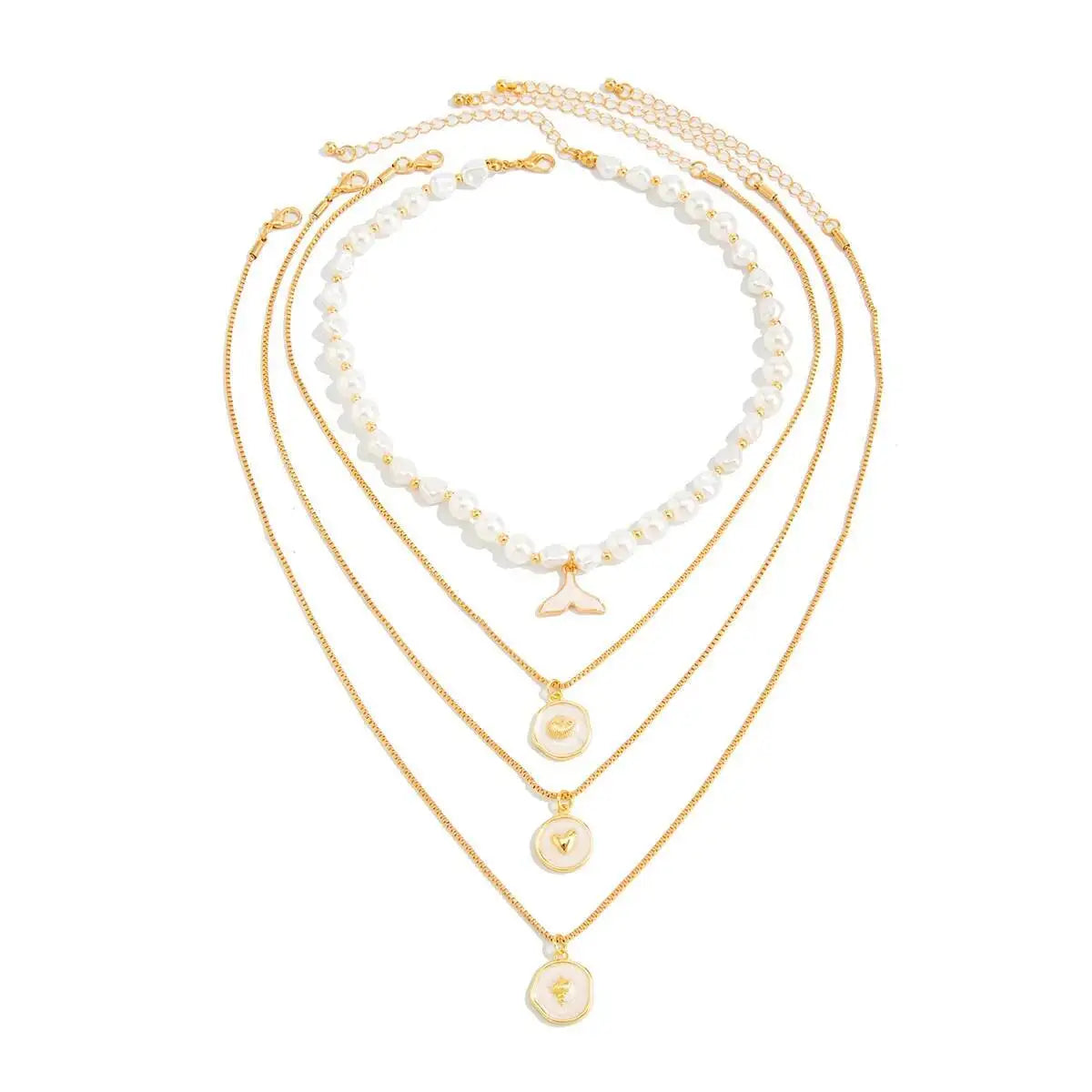 4Pcs/Set Bohemia Imitation Pearl Fishtail Pendant Chokers Necklace for Women Y2K Exquisite Beaded Neck Chain Jewelry Set