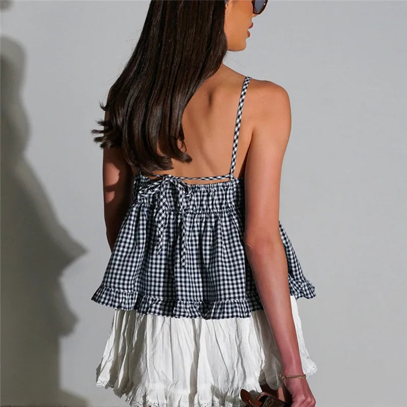 Summer Sleeveless V Neck Plaid Vest Sweet Girl Cute Ruffles Crop Top Vintage Y2k Tie Back Tank Tops for Woman Ins Style