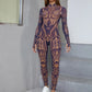 Classic Jumpsuit Women See Through  High Neck Vintage Print Skinny Sexy Midnight Fashion Wild Street Outfits