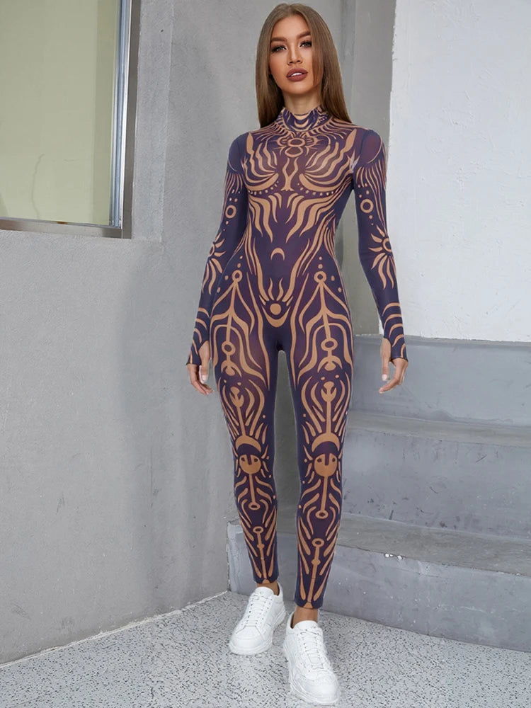 Classic Jumpsuit Women See Through  High Neck Vintage Print Skinny Sexy Midnight Fashion Wild Street Outfits