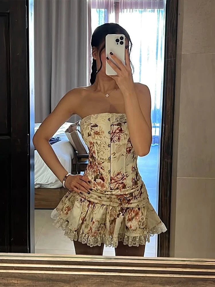 Flower Print 2-Piece Set Women Y2K Single-Breasted Metal Buckle Wrap Top+Lace Folds Hem Skirt Sweet Matching Suits