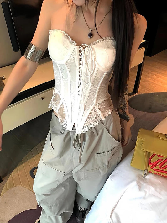 Shirring Corset Tops Women Patchwork irregular Lace Sleeveless Backless Skinny Summer Trend Y2K Midnight Street Vest