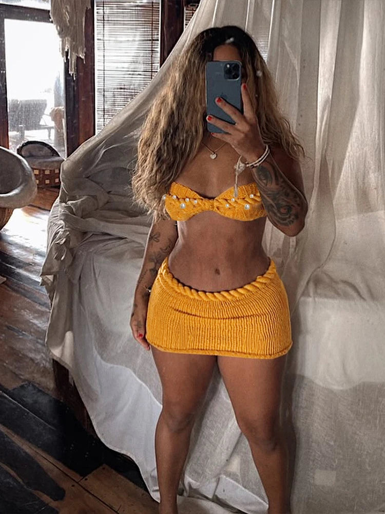Vacation Women 2 Piece Set Summer Pearl Plait Halter Shirring Camisole+Zip Peach Hip Skirts Matching Crochet Clubwear