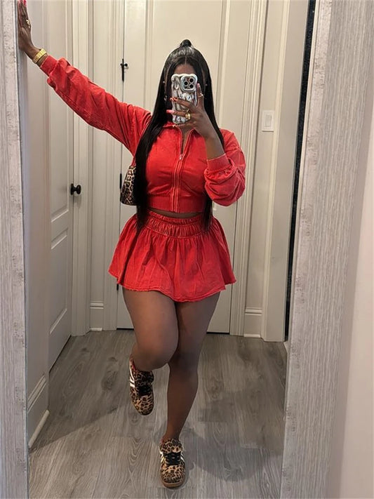 Street Distressed Style 2 Piece Set Women Full Sleeve Cardigan Crop Jacket+Elastic Waist Mini Skirts Hottie Fashion Suits